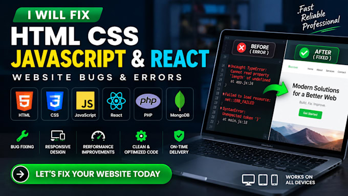 fix HTML CSS javascript react js website bugs