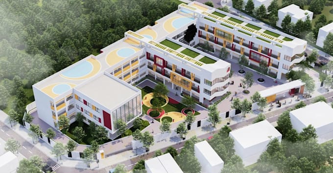 revamp 3d primary school building design, learning space environ, kindergarten