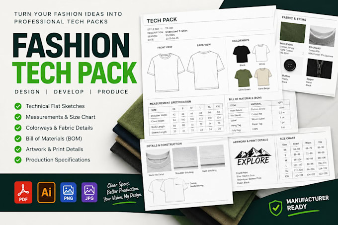 create clothing tech packs, technical flats and spec sheets