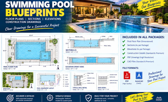 create swimming pool blueprints, floor plans, sections, and elevations
