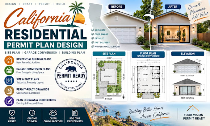 california residential permit plan design, site garage conversion, building plan