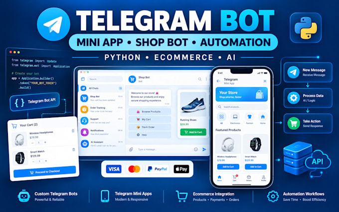 build a telegram bot, mini app, shop bot and ecommerce automation