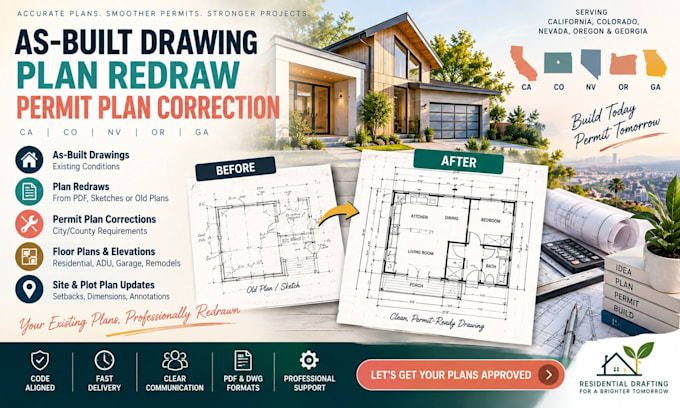 design as built drawing, plan redraw, correction for permit plan, ca,co,nv,or,ga