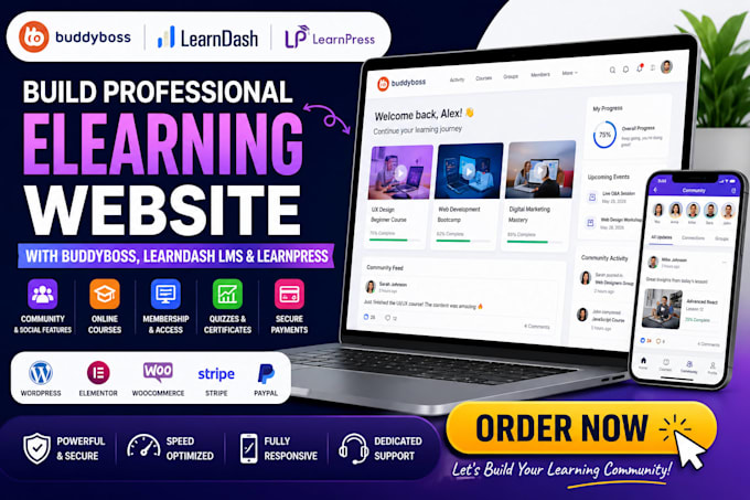 build elearning website with buddyboss, learndash lms and learnpress