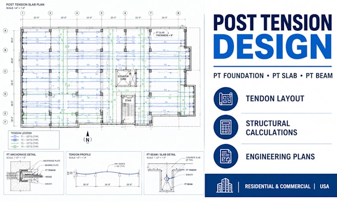 design post tension foundation, slab, beam, structural plans