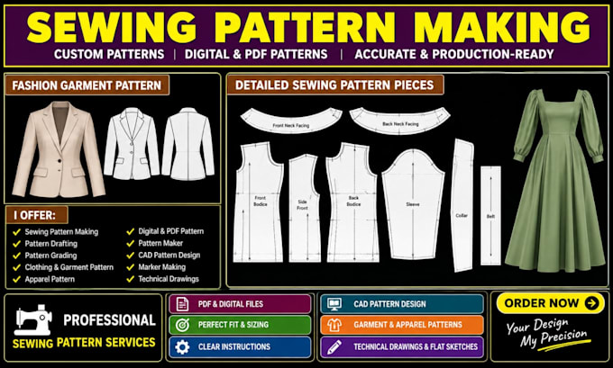 create a sewing pattern, pattern making, grading, clothing, and PDF pattern
