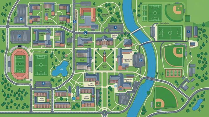 create a vector campus map, university site plan, directory guide