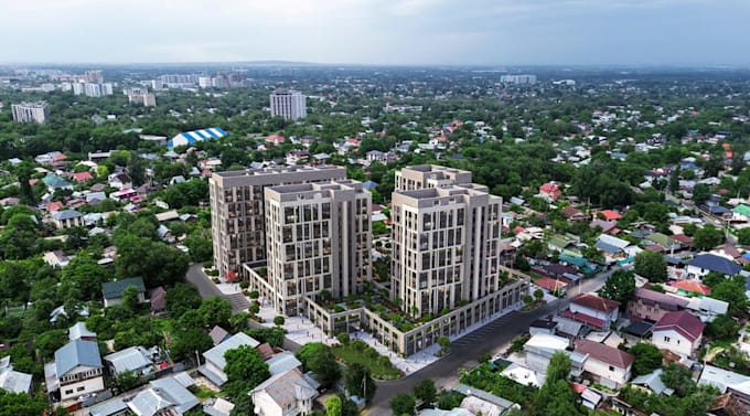 develop site 3d render, mixed use complexes, aerial photomontage from drone shot