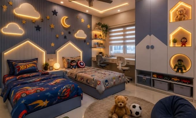 kids bedroom interior design and architectural 3d rendering