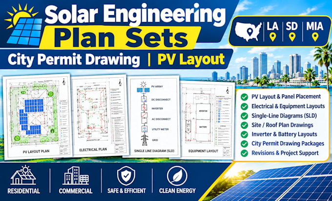 solar engineering plan sets city permit drawing pv layout usa la, sd, mia
