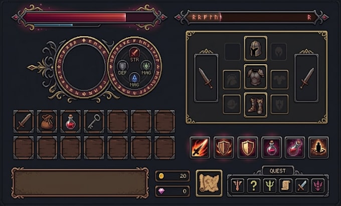 design pixel art game UI, hud, buttons, icons and backgrounds