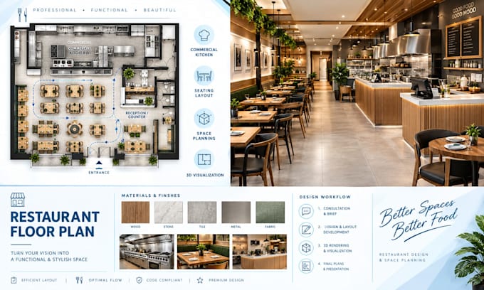design small restaurant floor plan with kitchen layout and seating layout