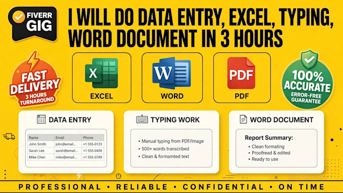 do data entry, typing work, excel and word document in 3 hours