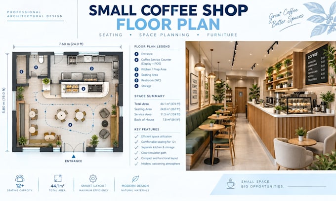 design small coffee shop floor plan with seating and space planning