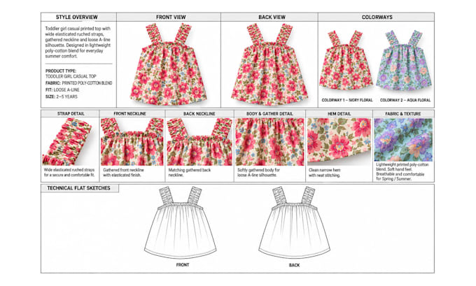 create professional fashion flat sketches and technical drawings