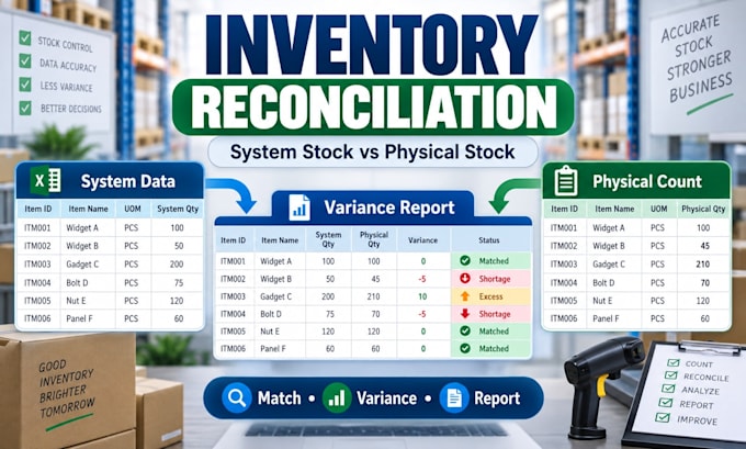 reconcile inventory stock and create an excel variance report