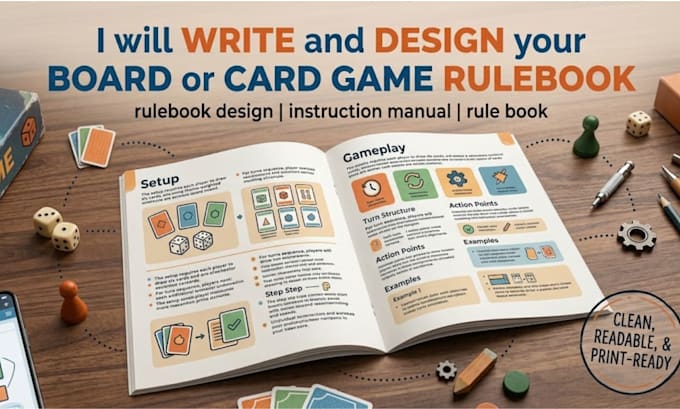 write and design your board game, tabletop game card game rulebook