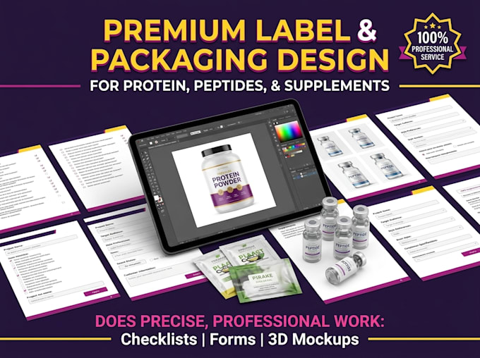 do premium protein powder label, peptide vial label, supplement bottle packaging