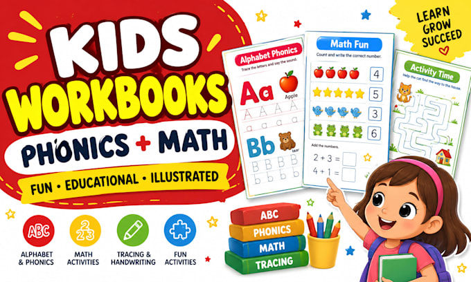 illustrate kids workbooks, worksheets, activities, phonics and math for learning