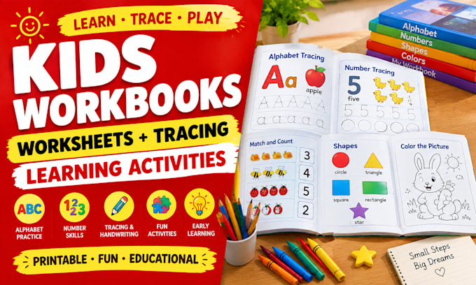 design kids school workbooks, worksheets, activities, tracing and learning
