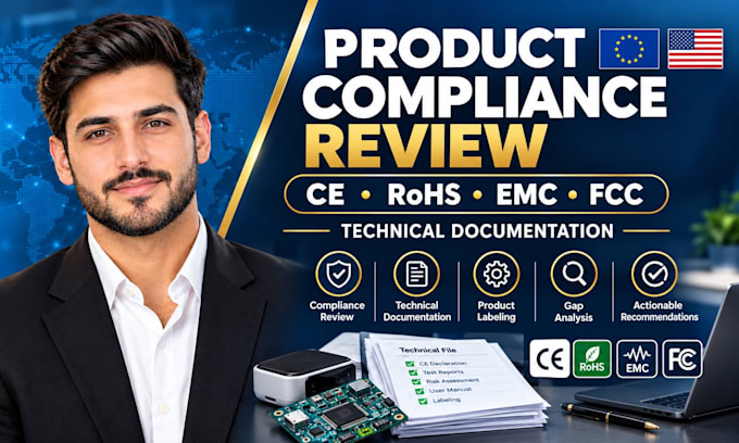 review ce, rohs, emc, fcc product compliance and technical documentation