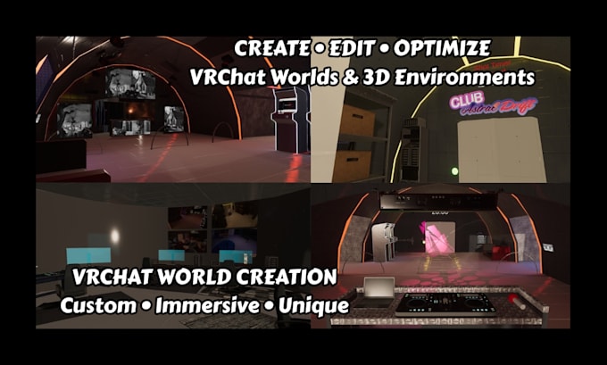 edit or create vrchat worlds, metaverse environments with vrc assets and outfits