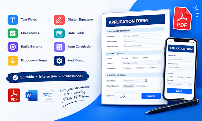 create a professional fillable PDF form, editable and interactive
