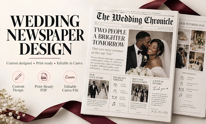 design a custom wedding newspaper, program or magazine in canva