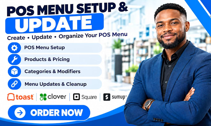 create and update pos system menu on toast pos, clover pos square pos and sumup