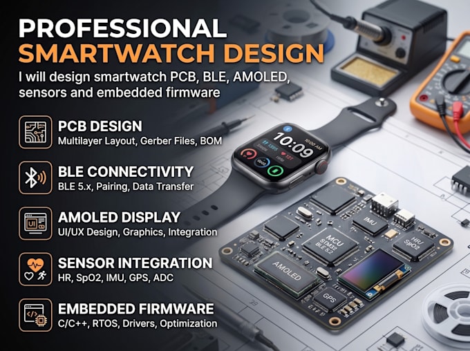 design smartwatch pcb, ble, amoled, sensors and embedded firmware