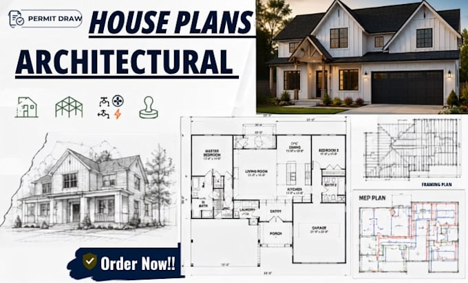 do permit drawing architectural house plans, 2d floor plans, framing and mep