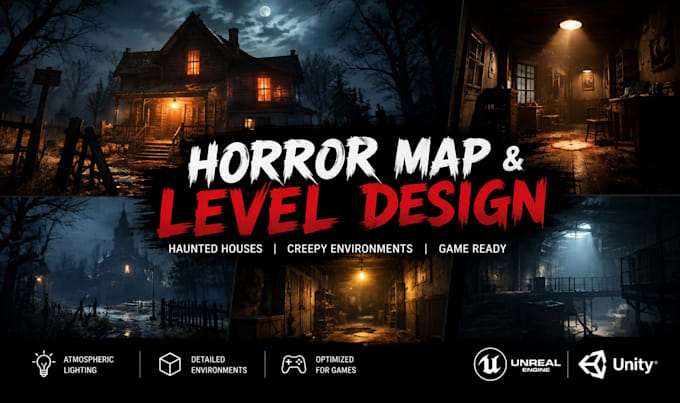 design a horror map, haunted house, creepy environment and level with lighting