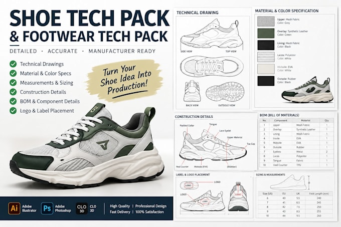 create shoe tech pack, footwear tech pack and technical drawings