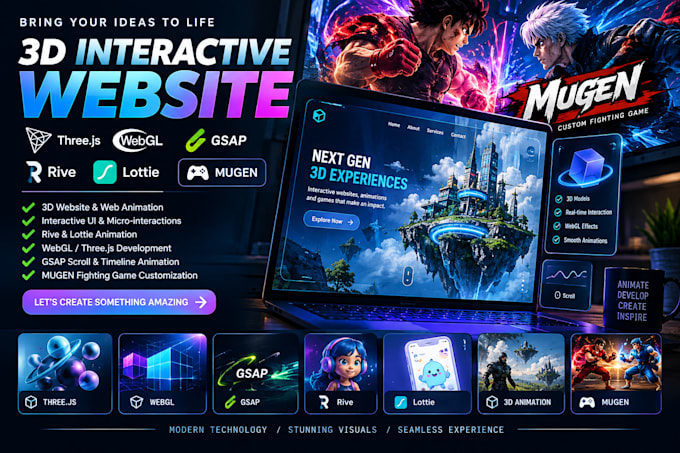 create 3d interactive website threejs webgl gsap rive lottie animation megen