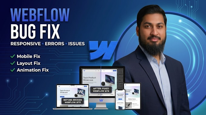 fix webflow bugs, responsive issues, and website errors