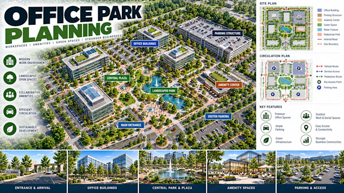 create office park planning layouts commercial development site concepts