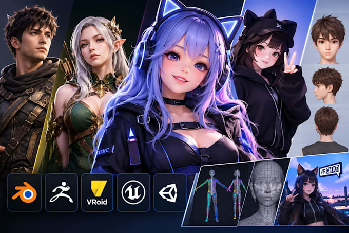 create 3d character models, vtuber character, vrchat avatar, rigging and vroid