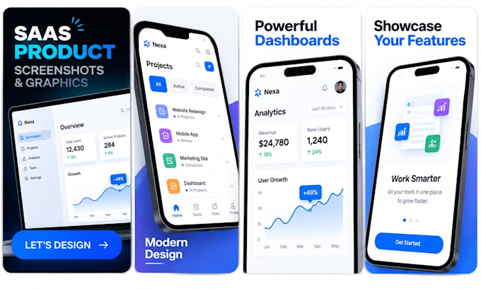 saas product screenshots and feature graphics for software