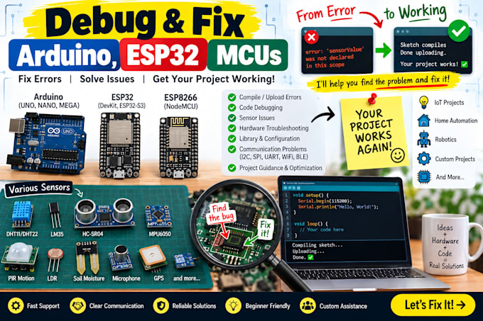troubleshoot debug fix arduino esp32 avr code and projects