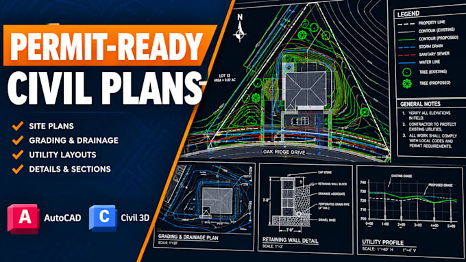 draft driveway layouts, retaining walls, and civil utility plan