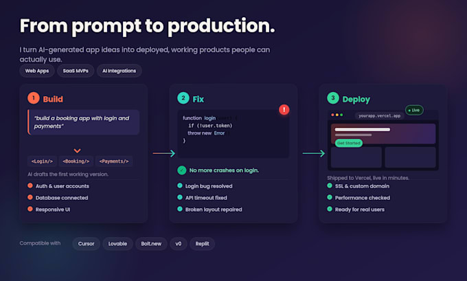 fix, debug and deploy your lovable, bolt or cursor ai app