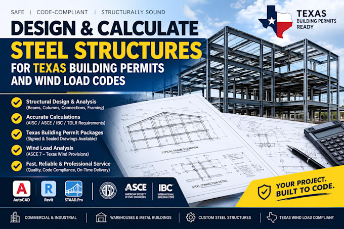design calculate steel structures for texas building permits and wind load codes