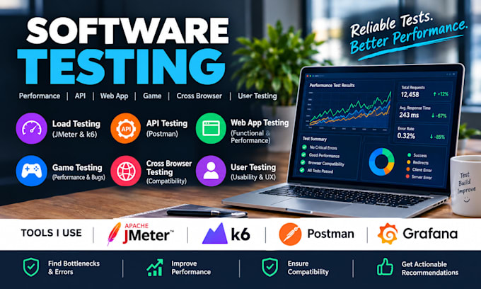 jmeter k6 postman API load test, web app, game and beta test, cross browser test