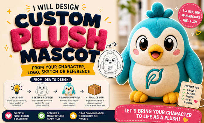 design custom plush mascot from your character or visual reference illustration