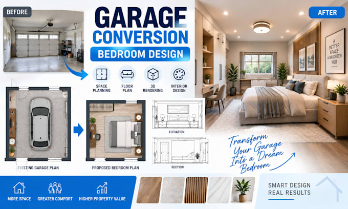 design garage conversion bedroom layout with space planning and 3d rendering