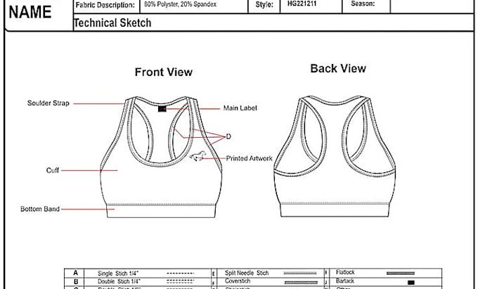 design sportswear tech pack, activewear design, technical drawing apparel design