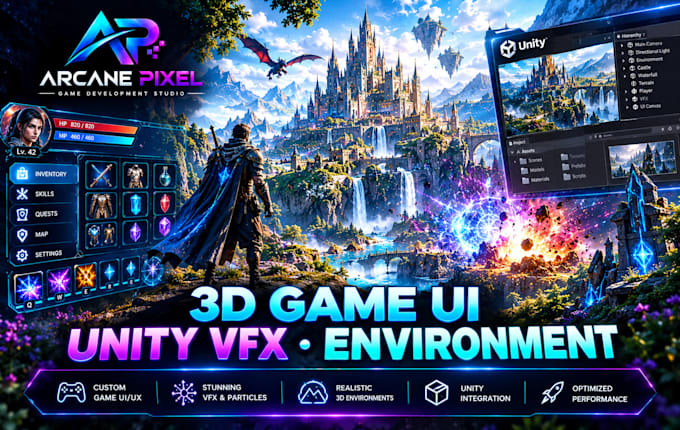create 3d game UI UX, unity vfx and game environments