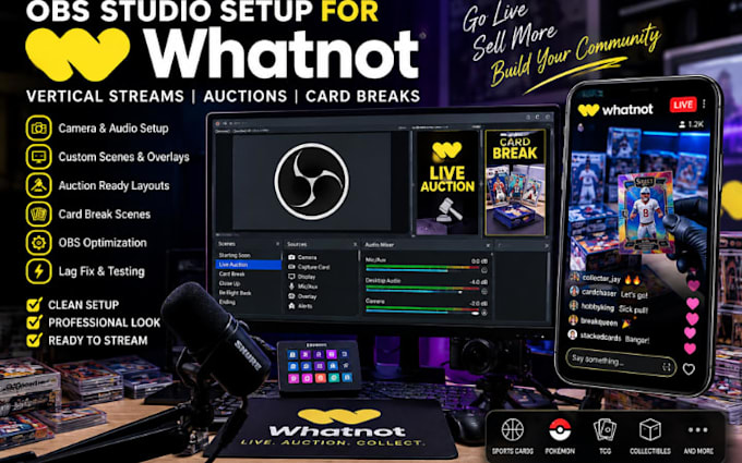 setup whatnot vertical streams, auctions and card breaks with obs studio