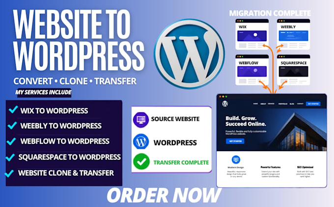 convert clone or transfer wix, weebly, webflow, squarespace to wordpress website