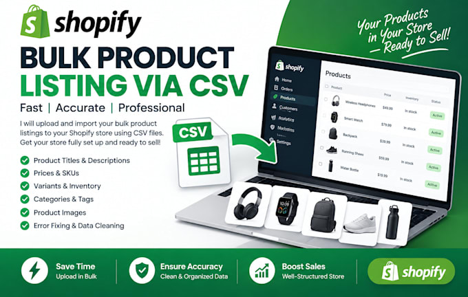 upload and import bulk CSV product listing to shopify store